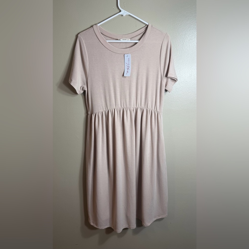 Hello Miz Maternity Dress Blush Pink Taupe Empire Waist Midi Stretch NWT Large